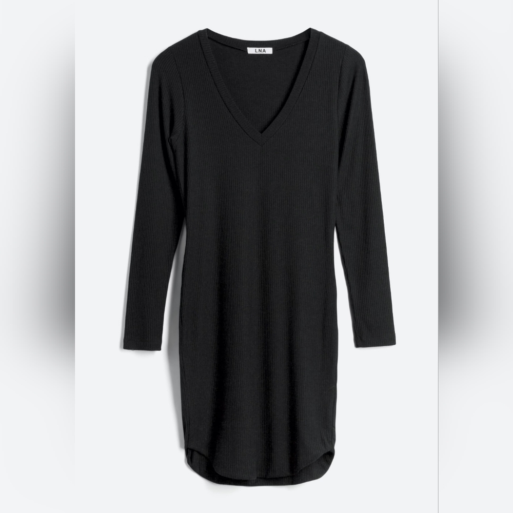 LNA - Kemma Textured Knit Black V-Neck Dress